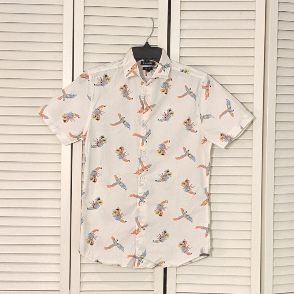 Express Button Up Shirt White Parrots Print Short Sleeve